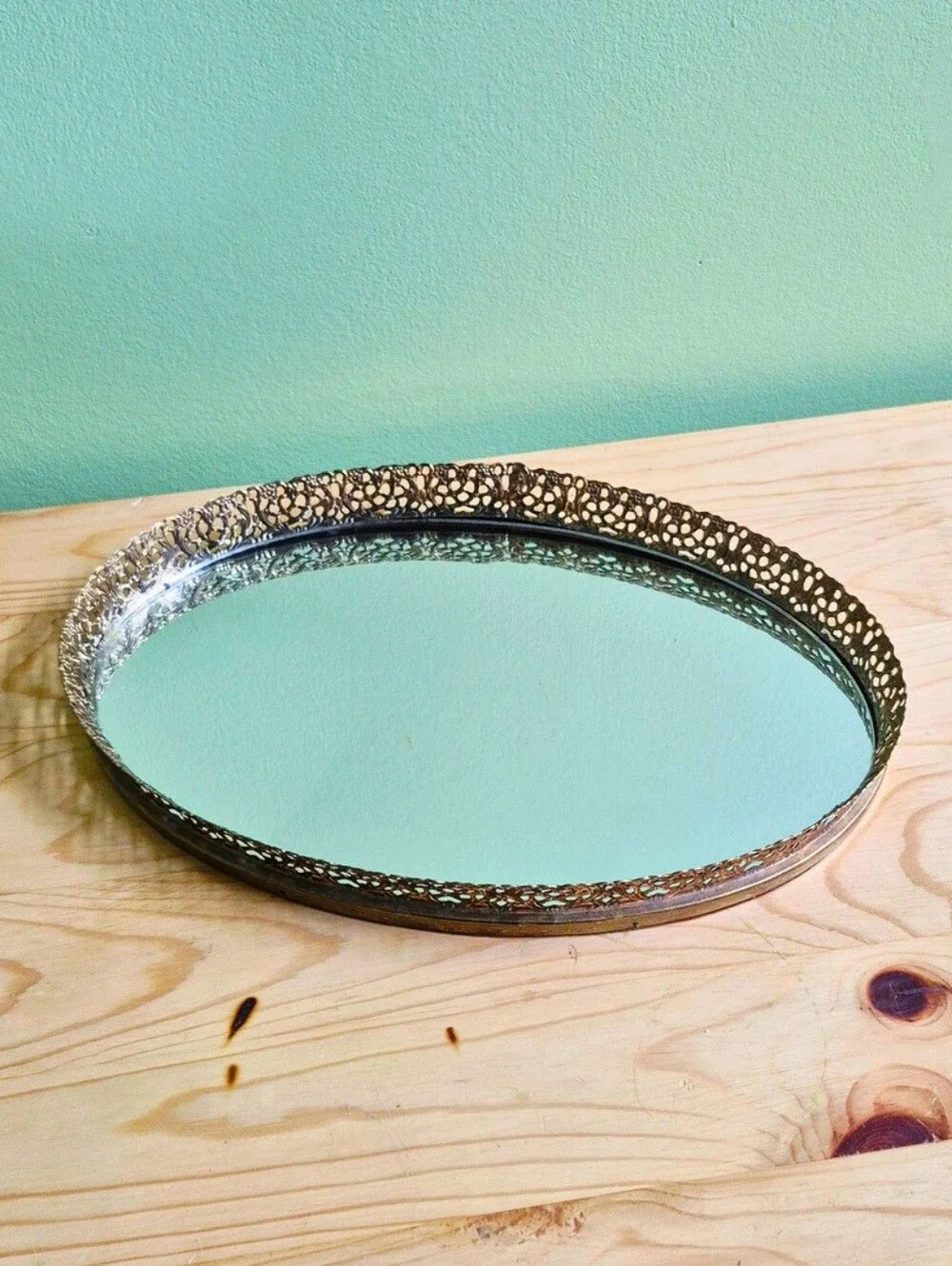 Vintage Oval Vanity Mirror Tray with Ornate Filigree Edge